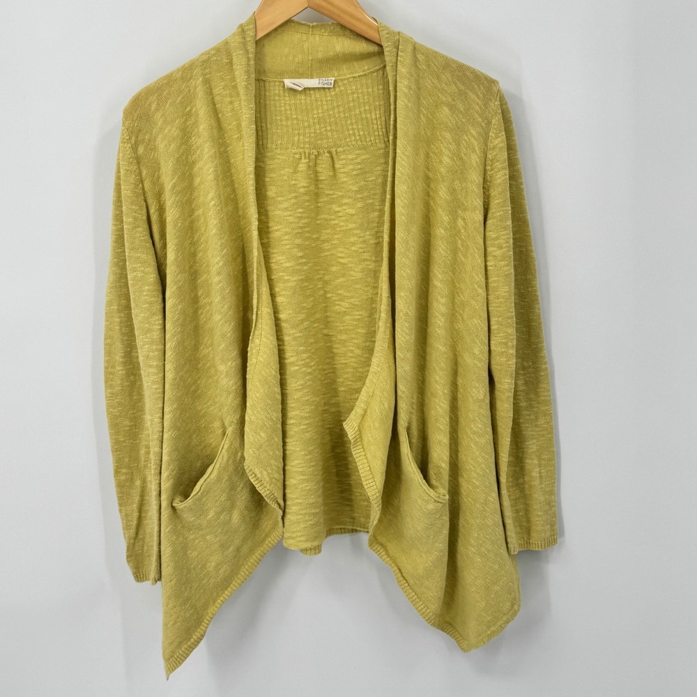 Eileen Fisher‎ Open Drape Cardigan Yellow Lime Green Linen Cotton Knit Women's M